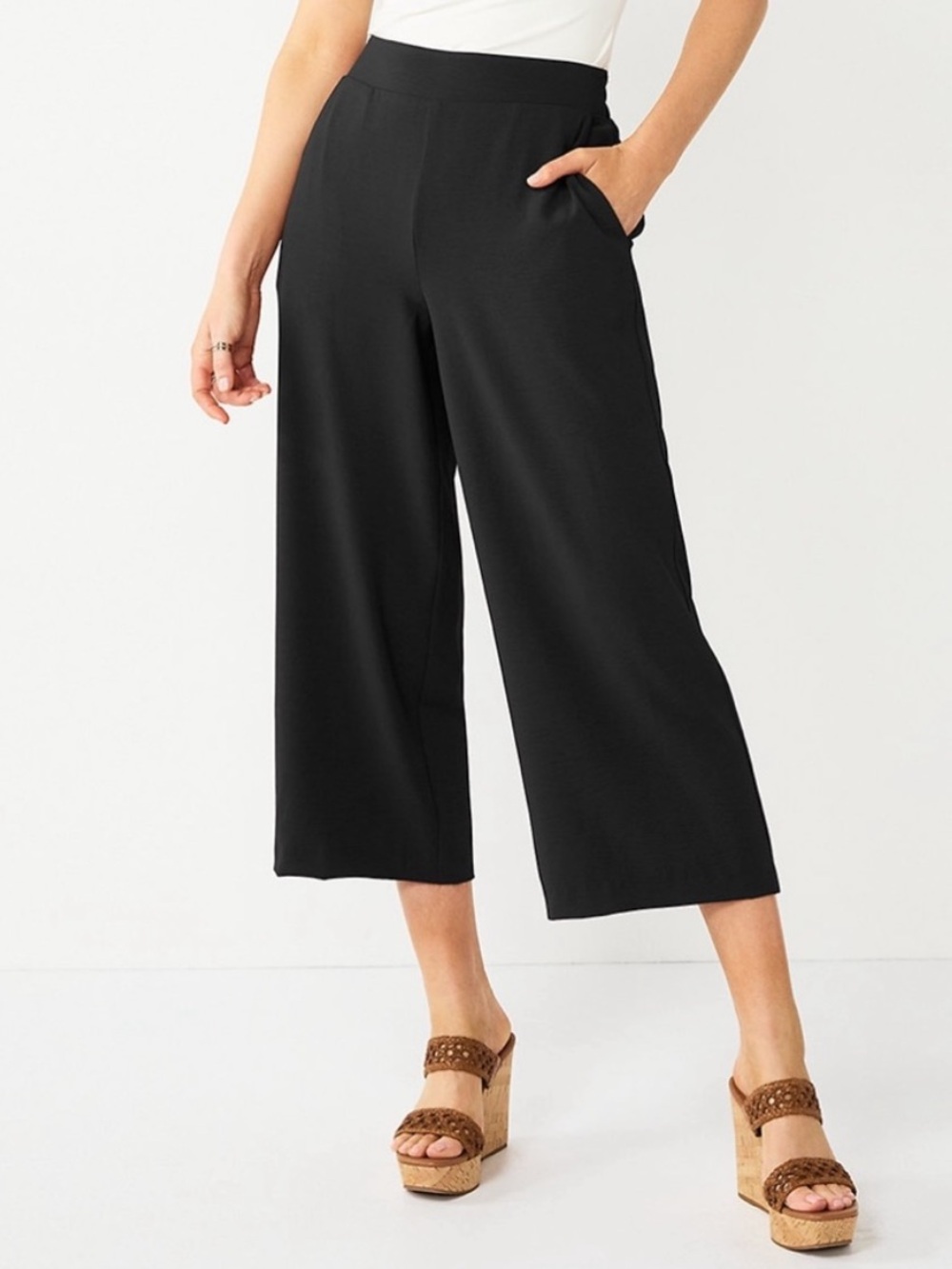 NINE WEST Black Wide Leg Pull-On Crop Pants Pockets Size XL Inseam 24
